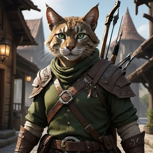 Prompt: dnd5e, Tabaxi, Ranger, fine clothes, and dark green eyes, armed with 2 hand crossbow, realistic weapons, detailed weapons, fullbody, realistic, 4k, ultra HD, detailed, DnD 5e, city setting, detailed eyes, epic fantasy, high-quality rendering, atmospheric lighting, intense gaze, professional rendering, atmospheric lighting, detailed facial features, intense expression, detailed weaponry, realistic shadows, professional, detailed textures,