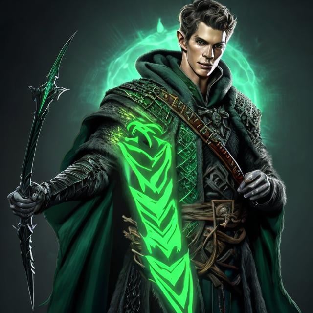 Prompt: dnd 5e, warlock, human variant, handsome, green robe, Silvery illustration, Longbow, realistic, 4k, ultra HD