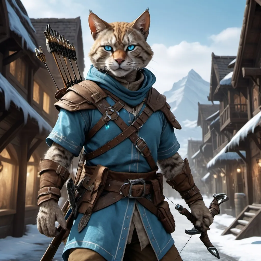 Prompt: dnd5e, Tabaxi, Ranger, fine clothes, and ice-blue eyes, armed with 2 hand crossbow, realistic, 4k, ultra HD, detailed, DnD 5e, city setting, detailed eyes, epic fantasy, high-quality rendering, atmospheric lighting