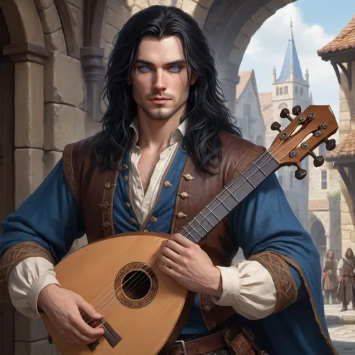 Prompt: handsome human bard long black hair, dressed in fine clothes, blue eyes, carrying a lute , realistic, 4k, ultra HD, detailed, DnD 5e, young, city setting, detailed eyes, epic fantasy, high-quality rendering, atmospheric lighting