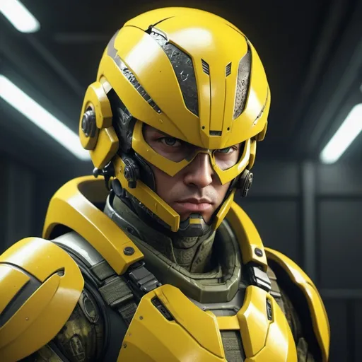 Prompt: Paranoia soldier in yellow armor, realistic, 4k, ultra HD, detailed armor, intense gaze, futuristic military setting, professional rendering, atmospheric lighting, detailed facial features, intense expression, military rank insignia, detailed weaponry, high quality, armor with reflective surfaces, realistic shadows, professional, yellow color tones, detailed textures, futuristic technology