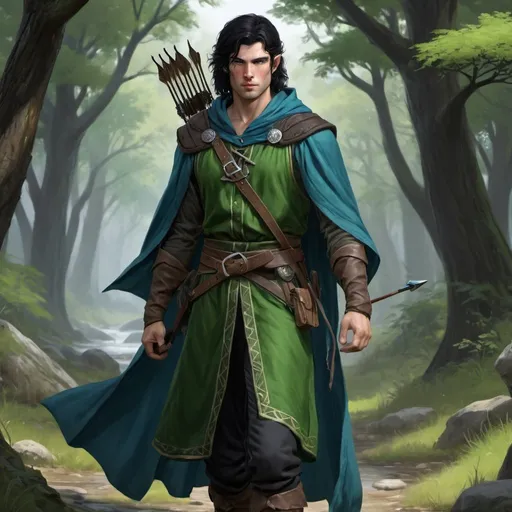 Prompt: dnd 5e, ranger, human, handsome, long black haired, blue eye, young, green robe, full body, Longbow, realistic, 4k, ultra HD