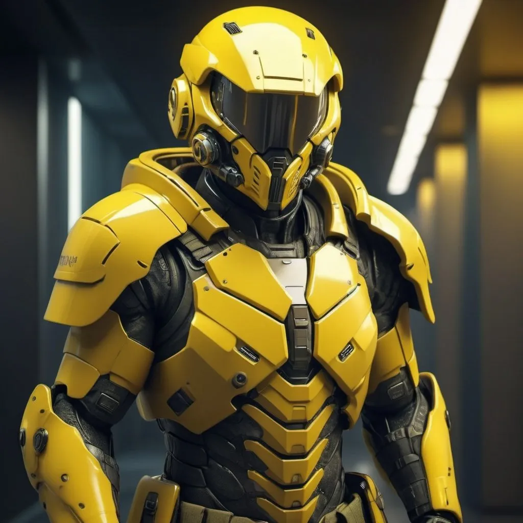 Prompt: Paranoia soldier in yellow armor, realistic, 4k, ultra HD, detailed armor, intense gaze, futuristic military setting, professional rendering, atmospheric lighting, detailed facial features, intense expression, military rank insignia, detailed weaponry, high quality, armor with reflective surfaces, realistic shadows, professional, yellow color tones, detailed textures, futuristic technology