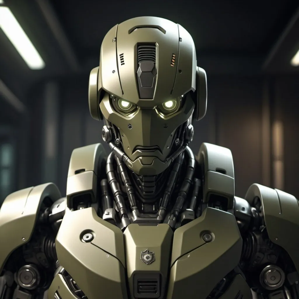 Prompt: Paranoia robot, realistic, 4k, ultra HD, detailed khaki armor, intense gaze, futuristic military setting, professional rendering, atmospheric lighting, detailed facial features, intense expression, military rank insignia, detailed weaponry, high quality, armor with reflective surfaces, realistic shadows, professional, khaki color tones, detailed textures, futuristic technology