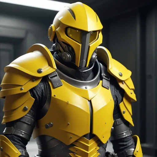 Prompt: Design a paranoia soldier in armor, no helmet, whose rank is yellow, his armor is generally yellow, realistic, 4k, ultra HD