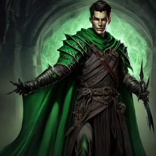 Prompt: dnd 5e, warlock, human variant, handsome, green robe, Silvery illustration, Longbow, realistic, 4k, ultra HD