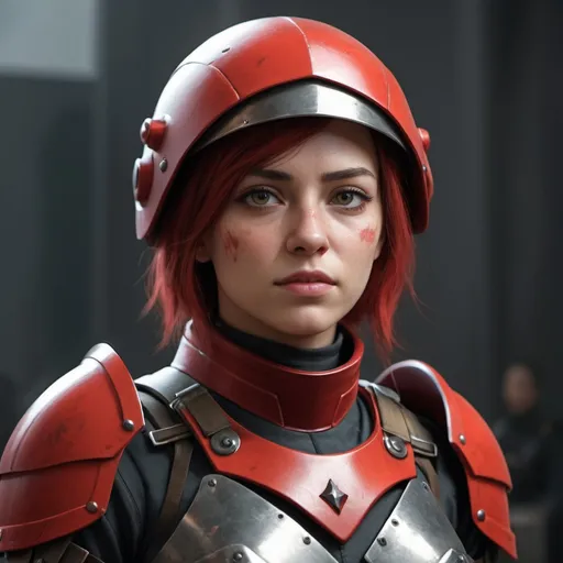 Prompt: Design a paranoia soldier in armor, no helmet, whose rank is red, female, her armor is generally red, realistic, 4k, ultra HD