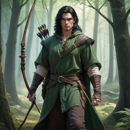 Prompt: handsome human ranger in green robe with long black hair, blue eyes, carrying lordly longbow and two shortswords, realistic, 4k, ultra HD, full body, detailed, DnD 5e, young, forest setting, detailed eyes, epic fantasy, high-quality rendering, atmospheric lighting