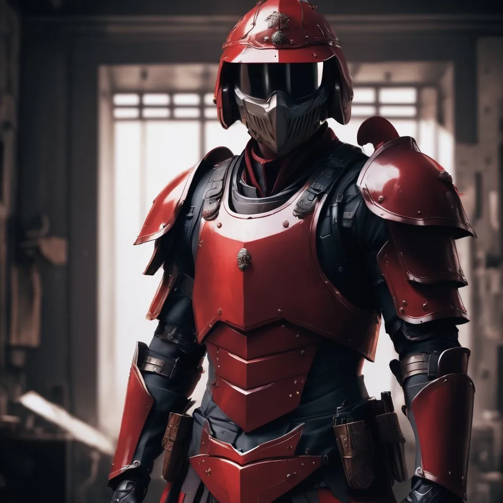 Prompt: Design a paranoia soldier in armor, , whose rank is red, his armor is generally red, realistic, 4k, ultra HD