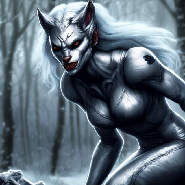 Prompt: silvery illustrated werewolf female, full body, beautiful, full hd, 4k, realistic, 