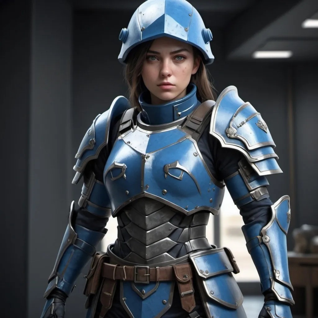 Prompt: Design a paranoia soldier in full armor, whose rank is Blue, female, feminine, her armor is generally blue, realistic, 4k, ultra HD