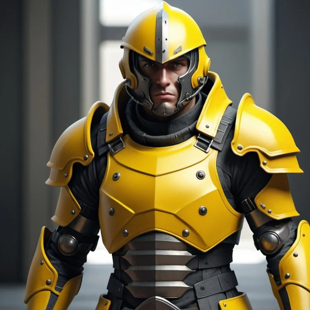 Prompt: Design a paranoia soldier in armor, no helmet, whose rank is yellow, his armor is generally yellow, realistic, 4k, ultra HD