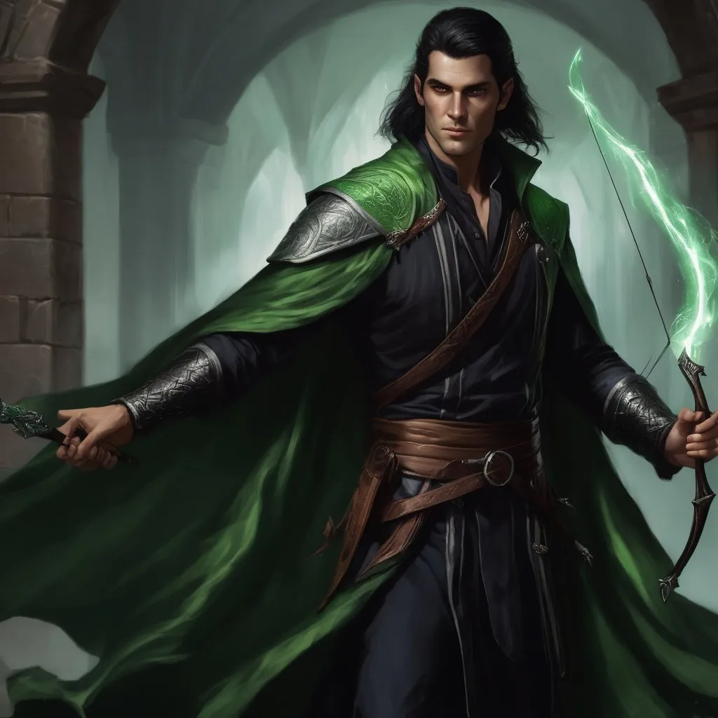 Prompt: dnd 5e, warlock, human variant, handsome, long black haired, young, green robe, Silvery illustration, Longbow, realistic, 4k, ultra HD