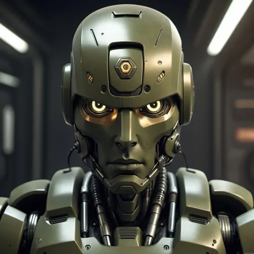 Prompt: Paranoia robot, realistic, 4k, ultra HD, detailed khaki armor, intense gaze, futuristic military setting, professional rendering, atmospheric lighting, detailed facial features, intense expression, military rank insignia, detailed weaponry, high quality, armor with reflective surfaces, realistic shadows, professional, khaki color tones, detailed textures, futuristic technology