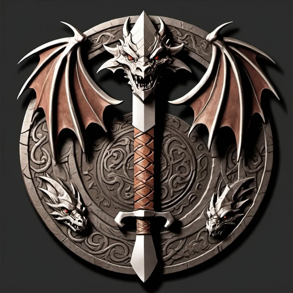 Prompt: Design a logo for a "Dwarven Dragonslayer Troop." The logo should be a circular emblem with a rugged, ancient feel. At the center, depict a stylized dragon's head, snarling, with its mouth open wide. The dragon's scales are intricate, and its eyes are fierce, giving a sense of power and menace. A large, crossed dwarven axe and hammer are placed behind the dragon's head, symbolizing the troop's strength and skill in battle. The handles of the weapons are engraved with dwarven runes.