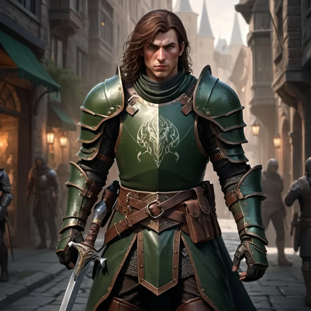 Prompt: dnd5e, Human, eldritch knight fighter, full plate armor, without helmet, dark green eyes, long brown hairs, armed with sword and shield, realistic weapons, detailed weapons, fullbody, realistic, 4k, ultra HD, detailed, DnD 5e, city setting, detailed eyes, epic fantasy, high-quality rendering, atmospheric lighting, intense gaze, professional rendering, atmospheric lighting, detailed facial features, intense expression, detailed weaponry, realistic shadows, professional, detailed textures,