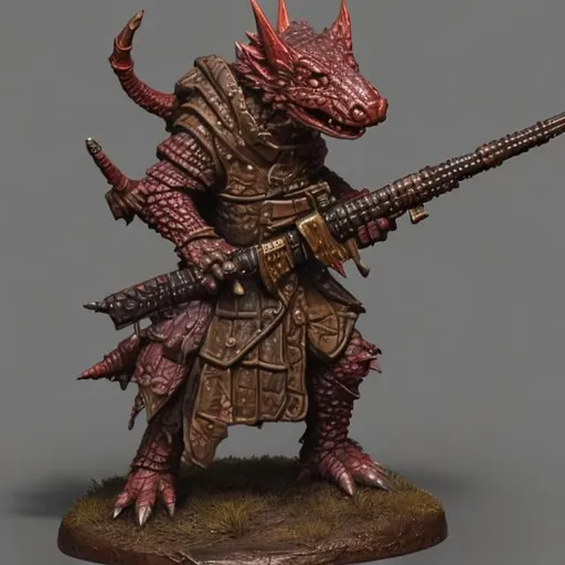 Prompt: Beautiful Kobold Rifle bearer for DND 5E, mostly red but in parts colorful scales, realistic, 4k, ultra hd