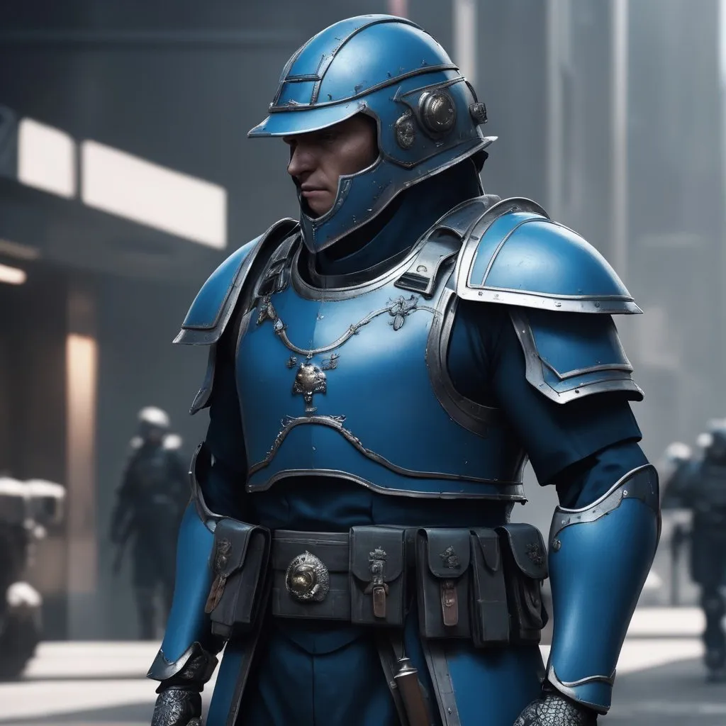 Prompt: Design a paranoia soldier in armor, whose rank is Blue, his armor is generally blue, realistic, 4k, ultra HD