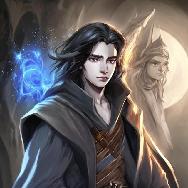 Prompt: DnD style, long black haired, young human male wizard, realistic