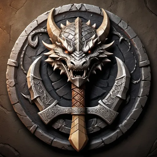 Prompt: Design a logo for a "Dwarven Dragonslayer Troop." The logo should be a circular emblem with a rugged, ancient feel. At the center, depict a stylized dragon's head, snarling, with its mouth open wide. The dragon's scales are intricate, and its eyes are fierce, giving a sense of power and menace. A large, crossed dwarven axe and hammer are placed behind the dragon's head, symbolizing the troop's strength and skill in battle. The handles of the weapons are engraved with dwarven runes.