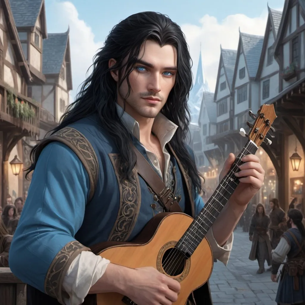 Prompt: handsome human bard with long black hair, fine clothes, and ice-blue eyes,  realistic, 4k, ultra HD, detailed, DnD 5e, young, city setting, detailed eyes, epic fantasy, high-quality rendering, atmospheric lighting