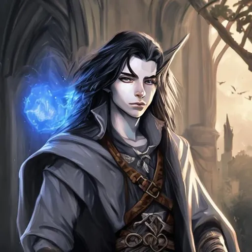 Prompt: DnD style, long black haired, young human male wizard, realistic