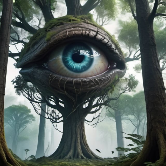 Prompt: Eye Tree Forest, science fiction, realistic, full HD, 4k