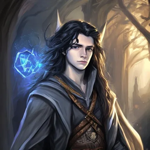 Prompt: DnD style, long black haired, young human male wizard, realistic