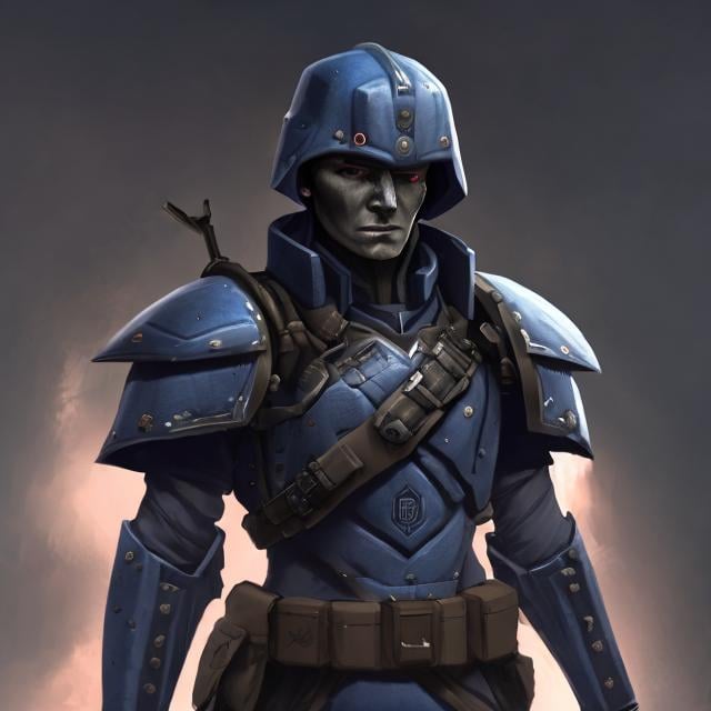 Prompt: Design a paranoia soldier in armor, whose rank is indigo, his armor is generally indigo, malformed, realistic, 4k, ultra HD