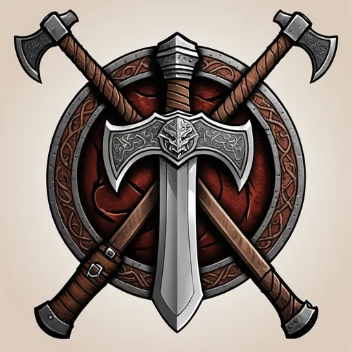 Prompt: Design a logo for a "Dwarven Dragonslayer Troop." The logo should be a circular emblem with a rugged, ancient feel. A large, crossed dwarven axe and hammer are placed behind the dragon's head, symbolizing the troop's strength and skill in battle. The handles of the weapons are engraved with dwarven runes.