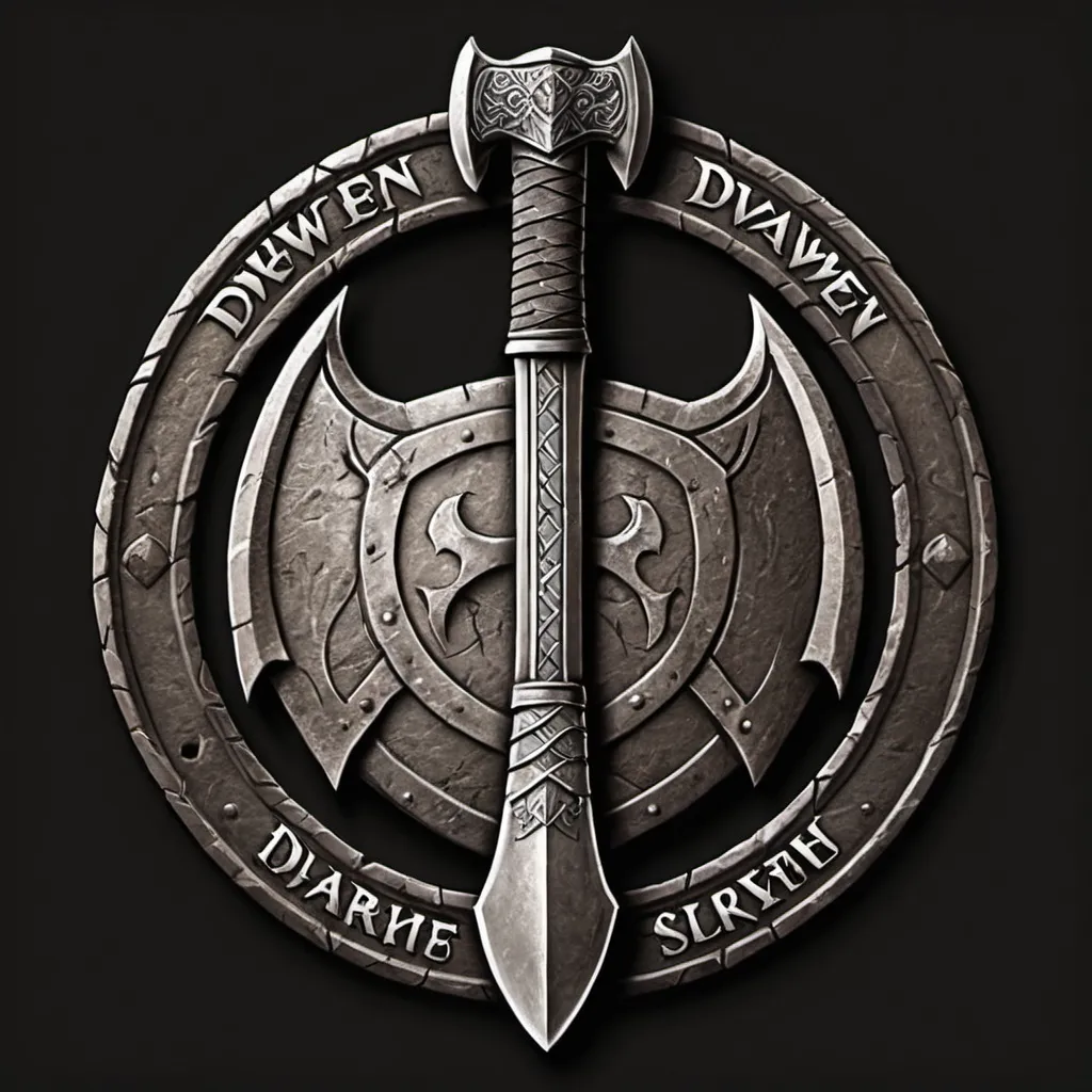 Prompt: Design a logo for a "Dwarven Dragonslayer Troop." The logo should be a circular emblem with a rugged, ancient feel. A large, crossed dwarven axe and hammer are placed behind the dragon's head, symbolizing the troop's strength and skill in battle. The handles of the weapons are engraved with dwarven runes.