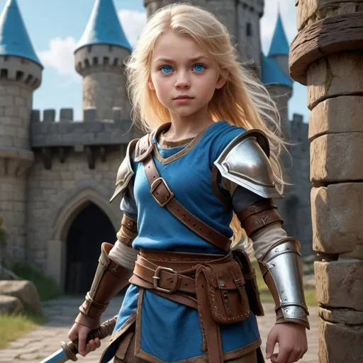 Prompt: cute human Lady fighter 8 years old blonde hair, blue eyes, carrying wooden shortsword, 4k, ultra HD, detailed, DnD 5e, castle setting, detailed eyes, epic fantasy, high-quality rendering, atmospheric lighting