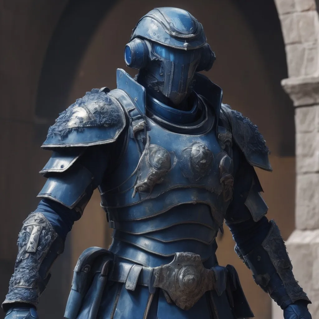 Prompt: Design a paranoia soldier in worn armor, no helmet, whose rank is indigo, his armor is generally indigo, malformed, mutated human, realistic, 4k, ultra HD