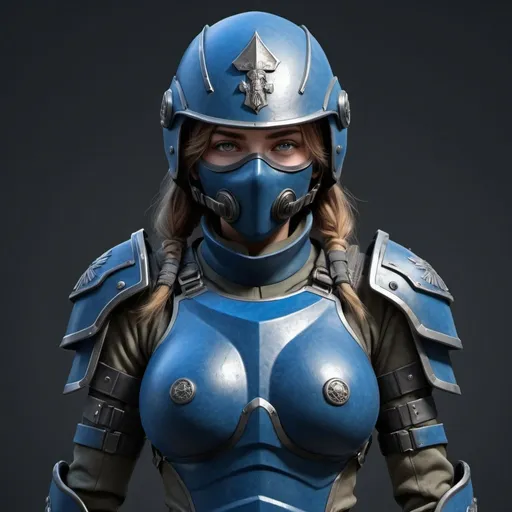 Prompt: Design a paranoia soldier in full armor, wearing a helmet that completely covers her face, whose rank is Blue, female, feminine, her armor is generally blue, full body, realistic, 4k, ultra HD