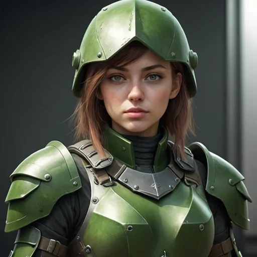 Prompt: Design a paranoia soldier in armor, no helmet, whose rank is green, female, her armor is generally green, realistic, 4k, ultra HD