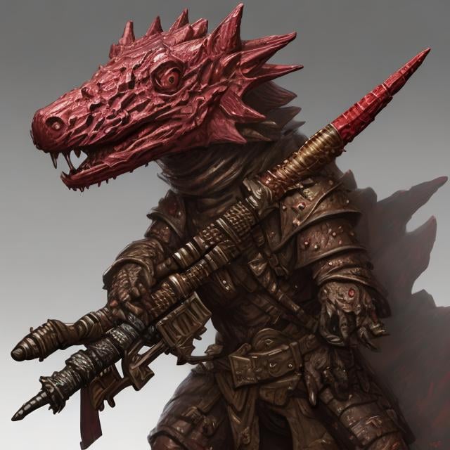 Prompt: Beautiful Kobold Rifle bearer for DND 5E, mostly red but in parts chromatic scales, realistic, 4k, ultra hd