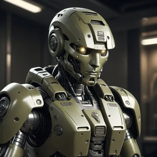 Prompt: Paranoia robot, realistic, 4k, ultra HD, detailed khaki armor, intense gaze, futuristic military setting, professional rendering, atmospheric lighting, detailed facial features, intense expression, military rank insignia, detailed weaponry, high quality, armor with reflective surfaces, realistic shadows, professional, khaki color tones, detailed textures, futuristic technology