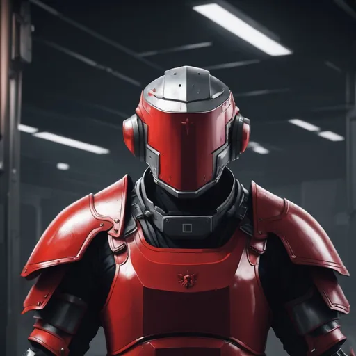 Prompt: Design a paranoia soldier in armor, , whose rank is red, his armor is generally red, realistic, 4k, ultra HD