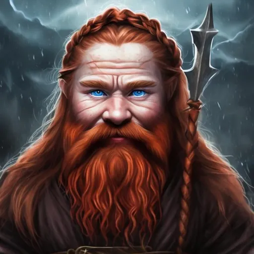 Prompt: Dwarf Sorcerer, red hair, long red braided beards, runic alphabet, blue eyes, realistic, full hd