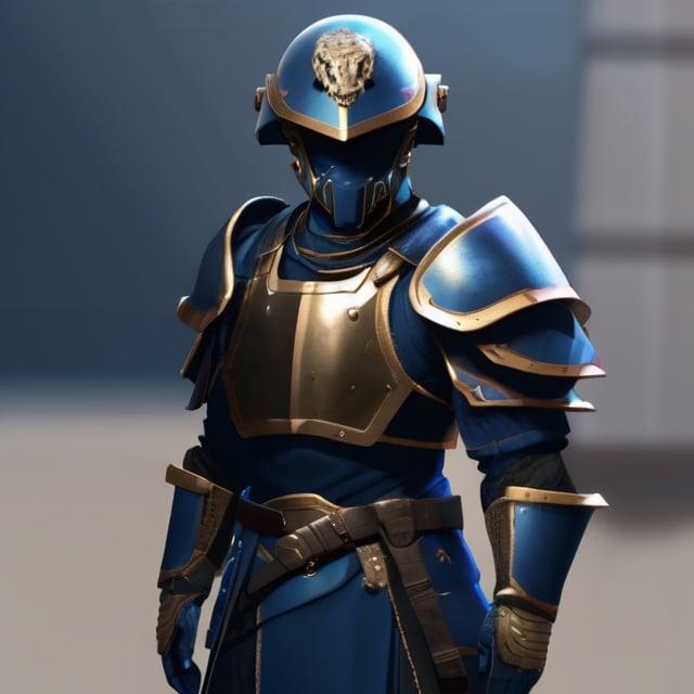 Prompt: Design a paranoia soldier in worn armor, no helmet, whose rank is indigo, his armor is generally indigo, malformed, mutated human, realistic, 4k, ultra HD