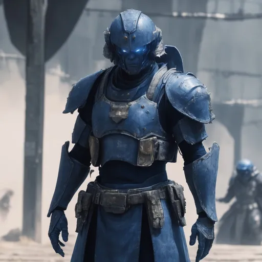 Prompt: Design a paranoia soldier in worn armor, whose rank is indigo, his armor is generally indigo, malformed, mutated human, realistic, 4k, ultra HD