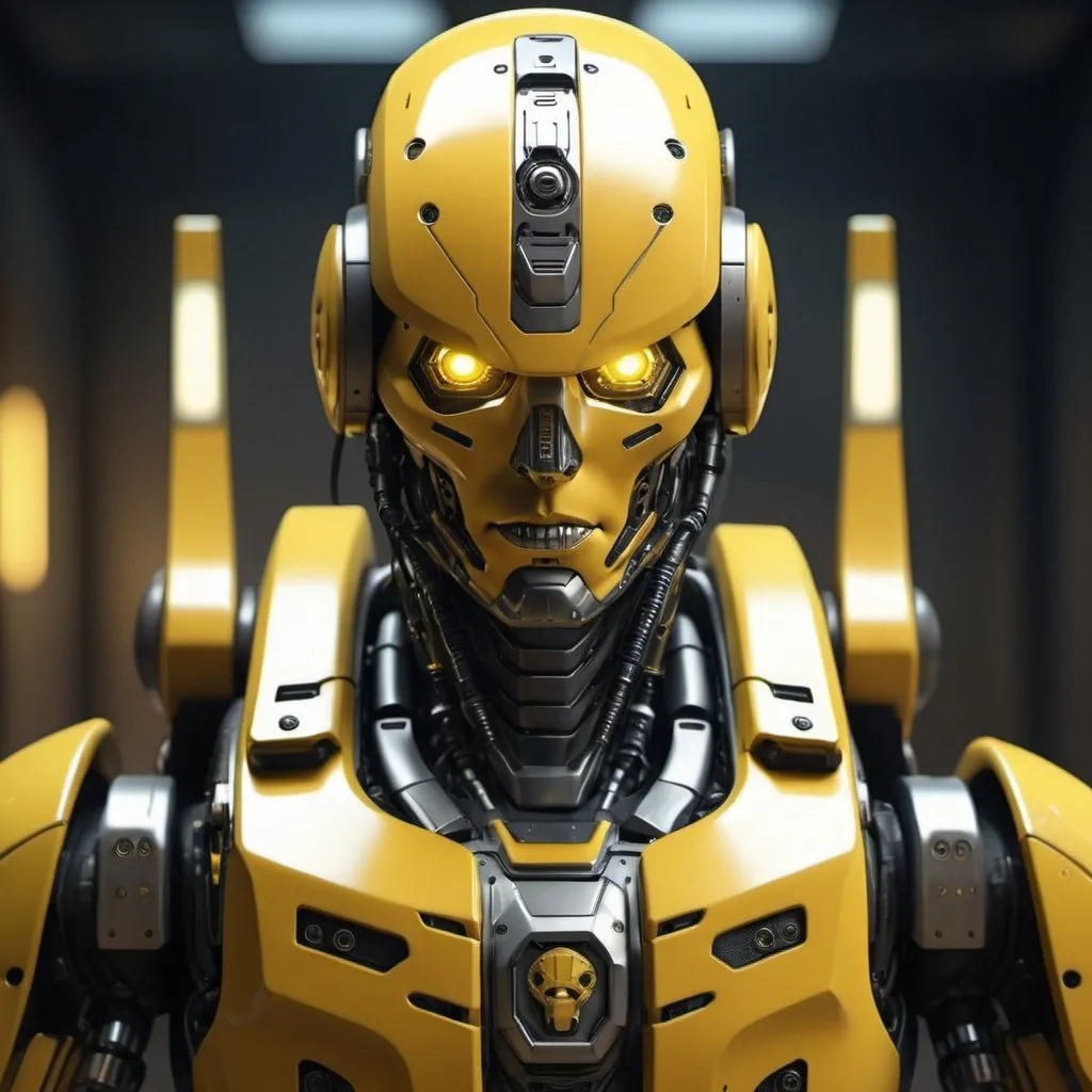 Prompt: Paranoia robot, realistic, 4k, ultra HD, detailed armor, intense gaze, futuristic military setting, professional rendering, atmospheric lighting, detailed facial features, intense expression, military rank insignia, detailed weaponry, high quality, armor with reflective surfaces, realistic shadows, professional, yellow color tones, detailed textures, futuristic technology
