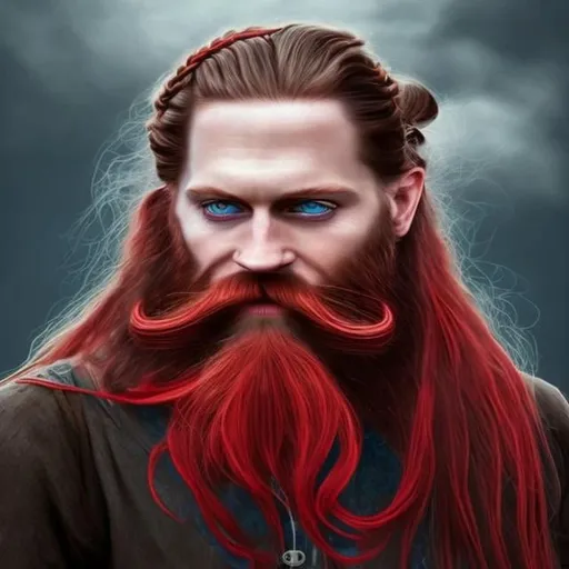 Prompt: long red braided and fancy beards, blue eyes, realistic, full hd