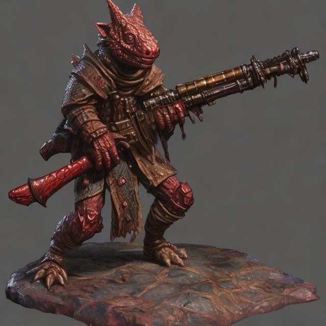 Prompt: Beautiful Kobold Rifle bearer for DND 5E, mostly red in parts colorful scales, realistic, 4k, ultra hd