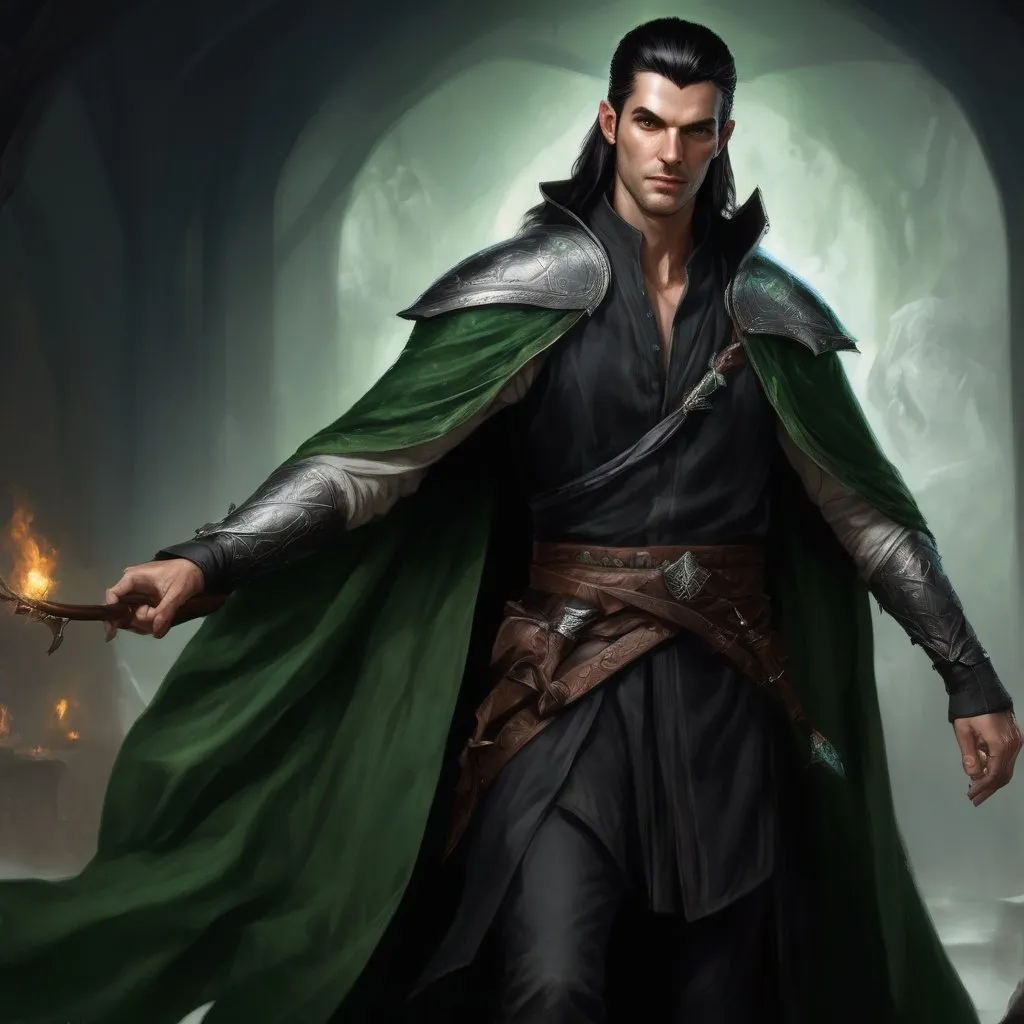 dnd 5e, warlock, human variant, handsome, long black...