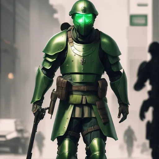 Prompt: Design a paranoia soldier in armor, with mask, whose rank is green, his armor is generally green, realistic, 4k, ultra HD