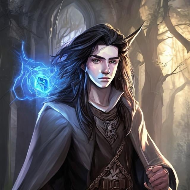 Prompt: DnD style, long black haired, young human male wizard, realistic