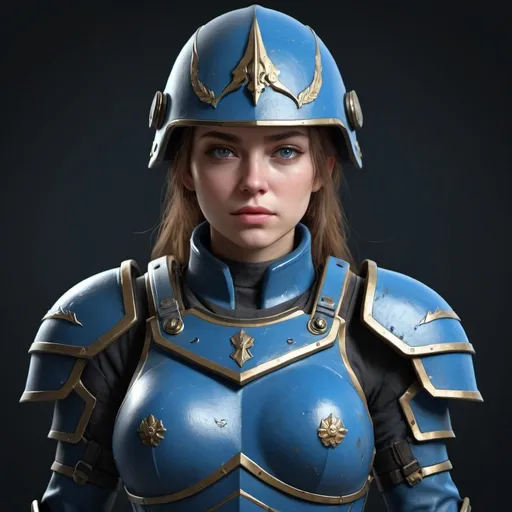 Prompt: Design a paranoia soldier in full armor, whose rank is Blue, female, feminine, her armor is generally blue, realistic, 4k, ultra HD