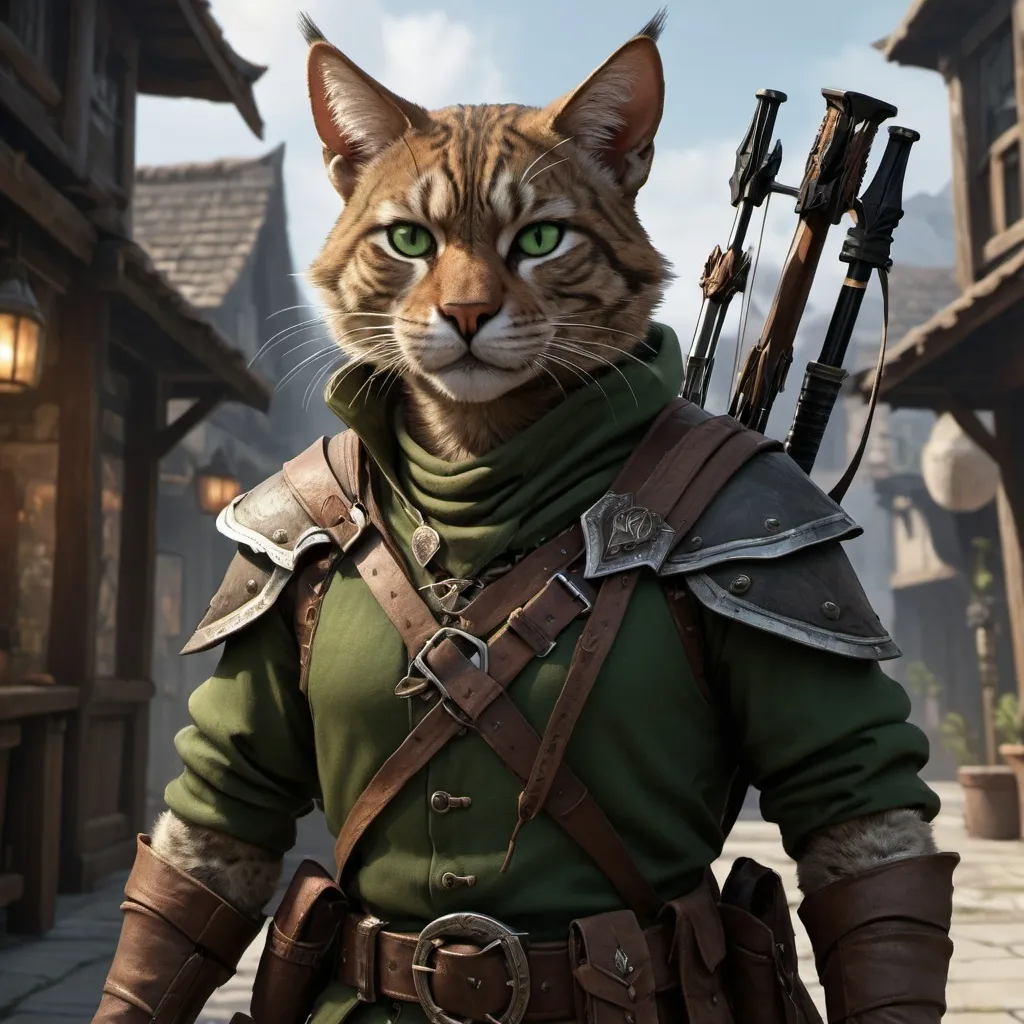 Prompt: dnd5e, Tabaxi, Ranger, fine clothes, and dark green eyes, armed with 2 hand crossbow, realistic weapons, detailed weapons, fullbody, realistic, 4k, ultra HD, detailed, DnD 5e, city setting, detailed eyes, epic fantasy, high-quality rendering, atmospheric lighting, intense gaze, professional rendering, atmospheric lighting, detailed facial features, intense expression, detailed weaponry, realistic shadows, professional, detailed textures,