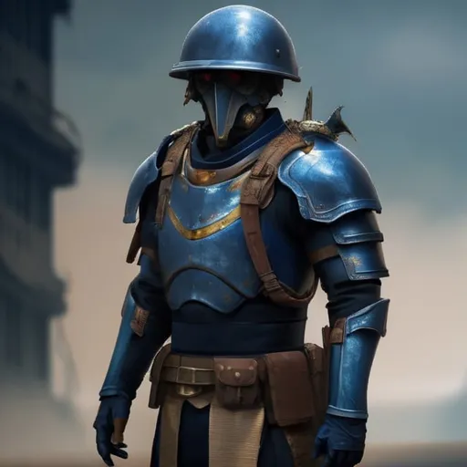Prompt: Design a paranoia soldier in worn armor, no helmet, whose rank is indigo, his armor is generally indigo, malformed, mutated human, realistic, 4k, ultra HD